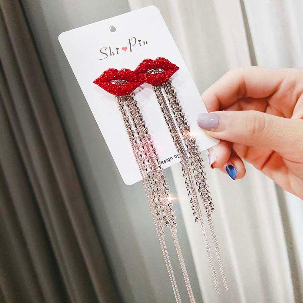 Mouth Crystal Gift For Women Red Lips Tassel Stud Earrings Drop Earrings Jewelry Dangle Earring