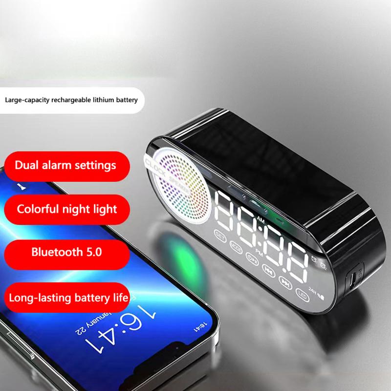 Digital Vekkerklokke Bluetooth 5.0 Høyttaler LED-skjerm Speil Bordvekkerklokke Med FM-radio Støtte TF-kortavspilling Håndfri samtale
