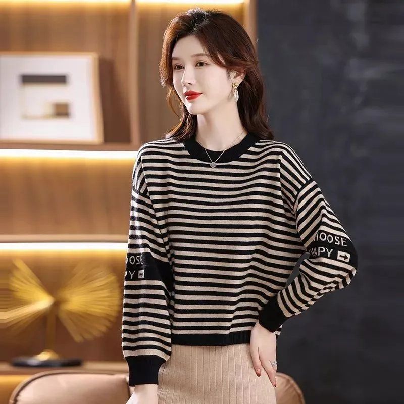Autumn and Winter Round Neck Bottoming Shirt Women's Loose Inner Striped Top Fashion Plus Size Mother's All-match Sweater
