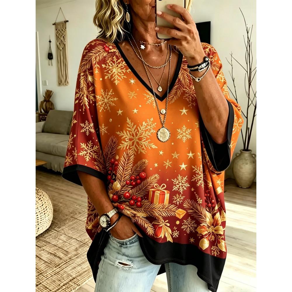 Plus size V-neck women's 3/4 sleeve loose and comfortable top, street fashion, casual plus size T-shirt