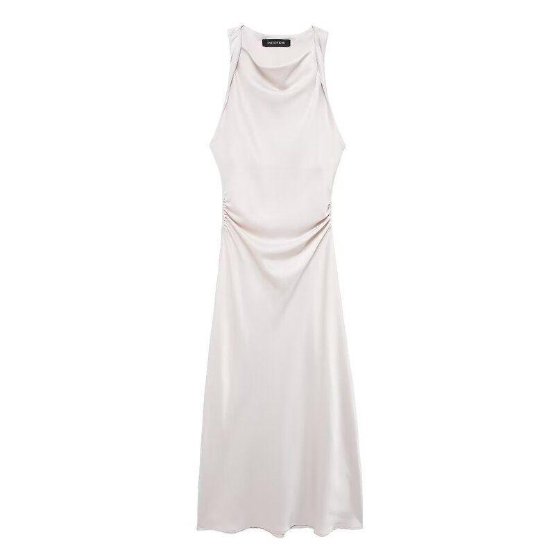 Fashion Style 2024 Summer New Arrival Women's Sleeveless Versatile Silk Satin Texture Midi Skirt Long Dress 2124305