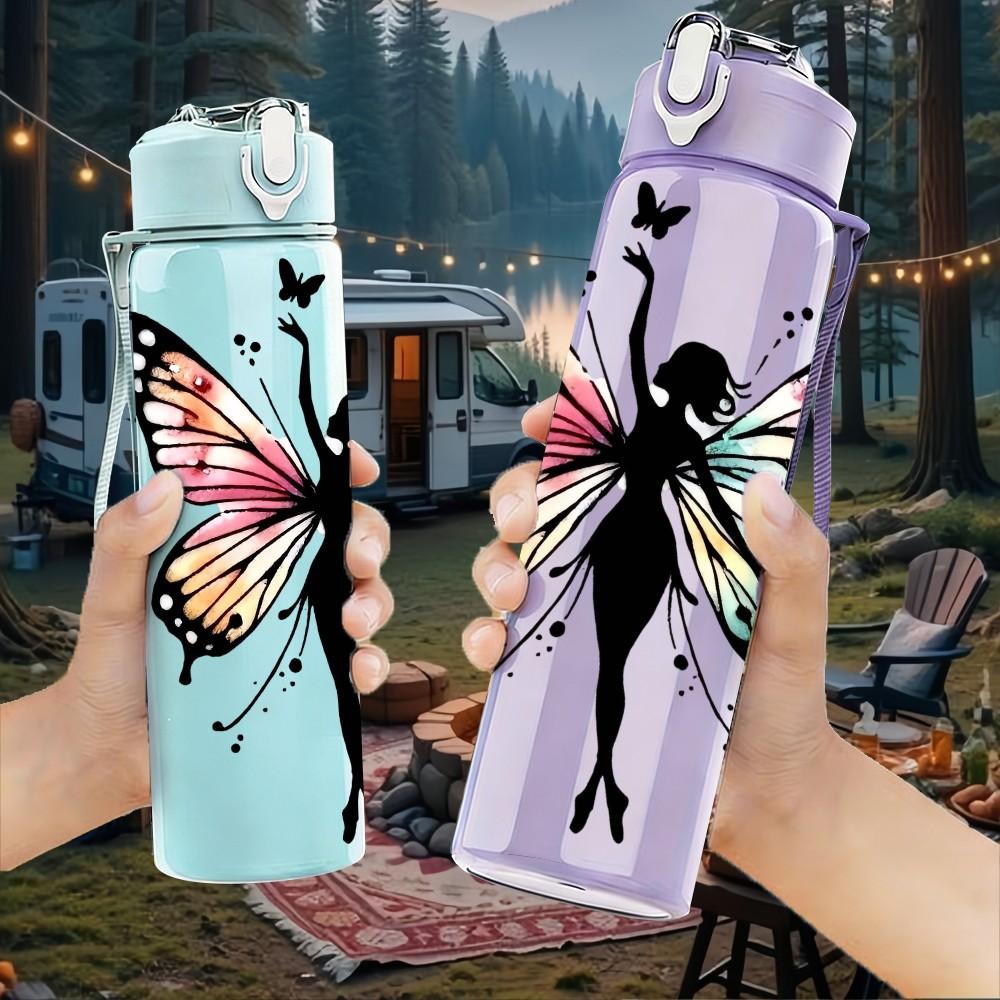 1PC Fairy Girl Butterfly Wings Floral Silhouette 750ml Color Plastic Sports Water Bottle Leakproof Flip Straw Lid Suitable for Sports Office Home Use