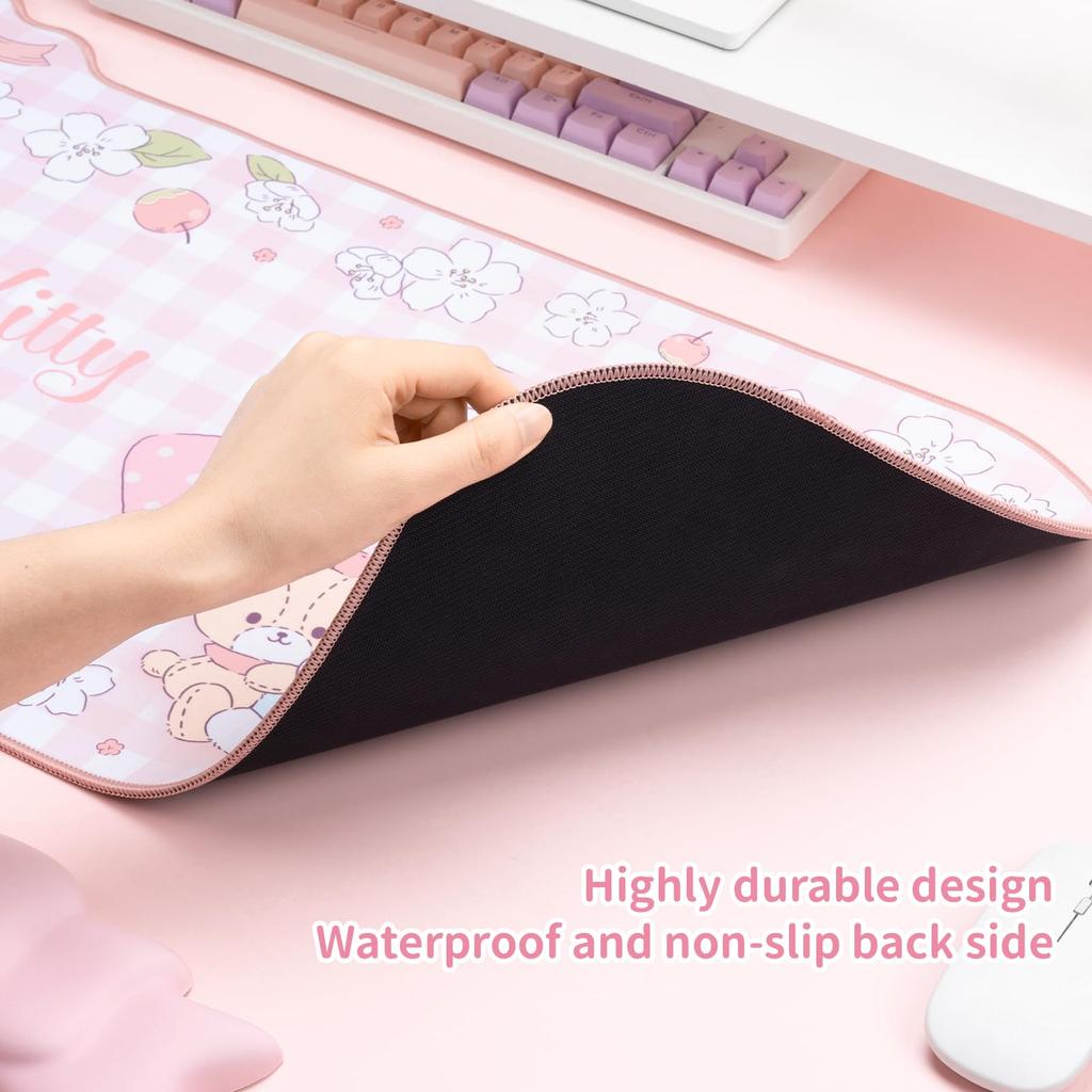 Kuitmor Kawaii Anime Mouse Fofo Mouse Gamer Impermeável Tapete de Mesa para Durável Grande Estendido Mouse Pad com Borda de Fita para Escritório Jogos Tapete FlorGato,