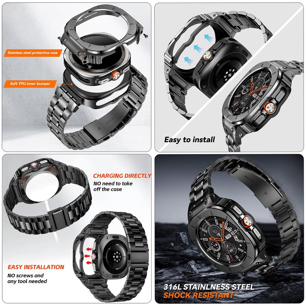 Custodia protettiva integrale in metallo e cinturino in acciaio inossidabile Business Band per Samsung Galaxy Watch Ultra 47mm 2025 Braccialetti