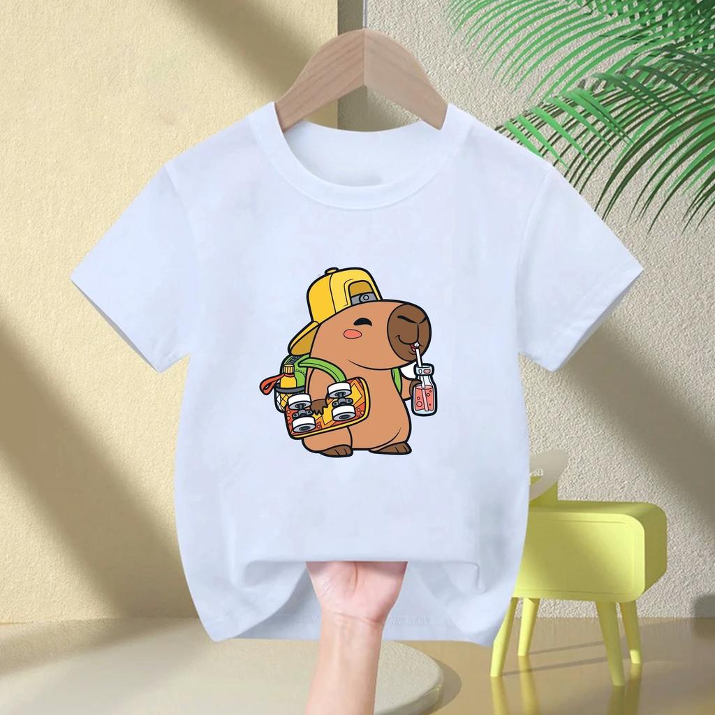 2026 Cute Capybara Funny Print Children's T-shirt Summer Polyester Boys Girls Short-sleeved Shirt Casual Boys Girls Clothes Tee Top