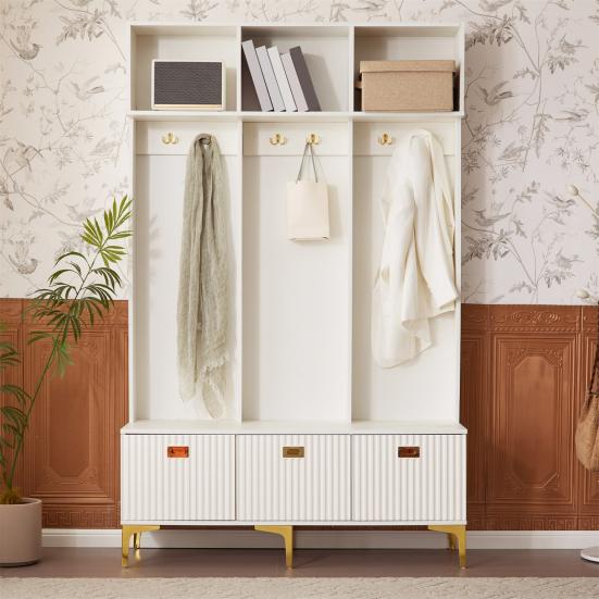Wardrobe Set with Bench, Multifunctional Storage Bench, Open Storage, 6 Golden Hooks And Feet, Suitable for Hallway, Living Room, White