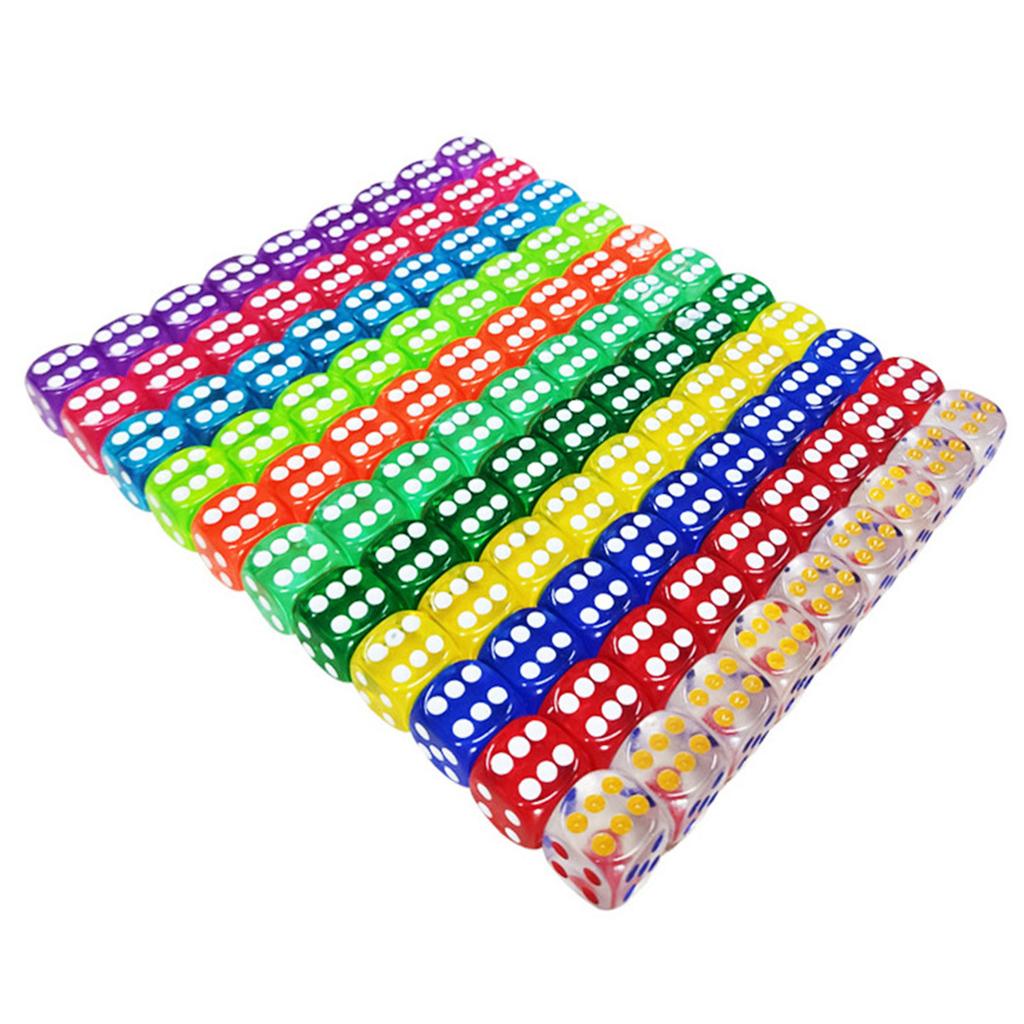 Rounded Corner Six Sided Dices Bulk Pack of 10 Assorted Color 16mm D6 Acrylic Dices Cubes with Number Dots for Kids Use