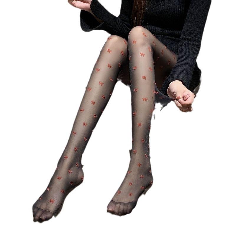 Black Bow Stockings Thin Summer Sexy Black Stockings Milk White Jacquard Pantyhose