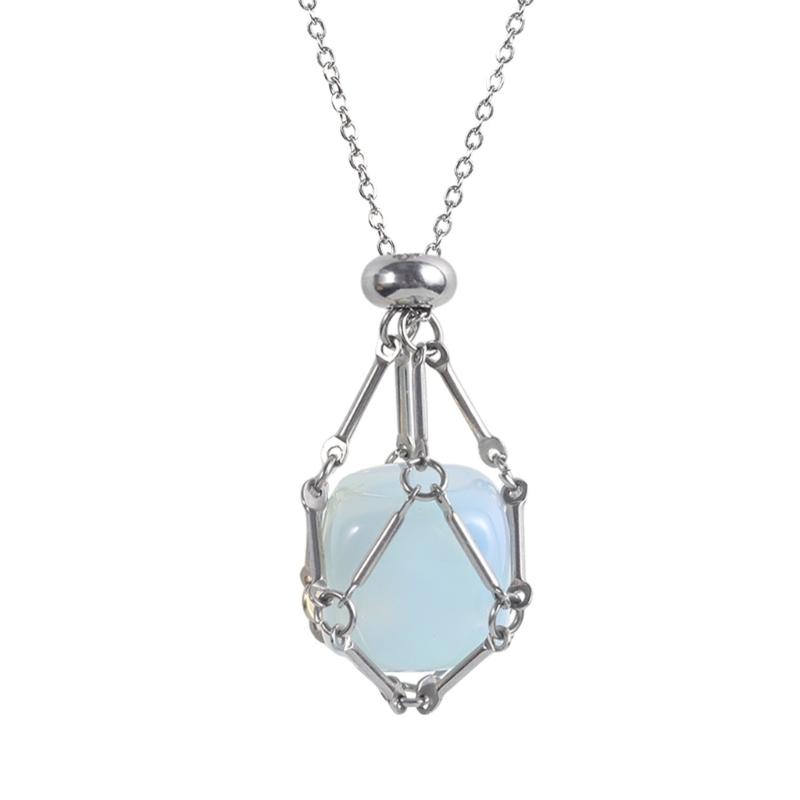 Handcrafted Square Crystal Pendant Necklace With Flexible Bamboo Link Chain And Secure Mesh Cage Setting For Elegant Occasions
