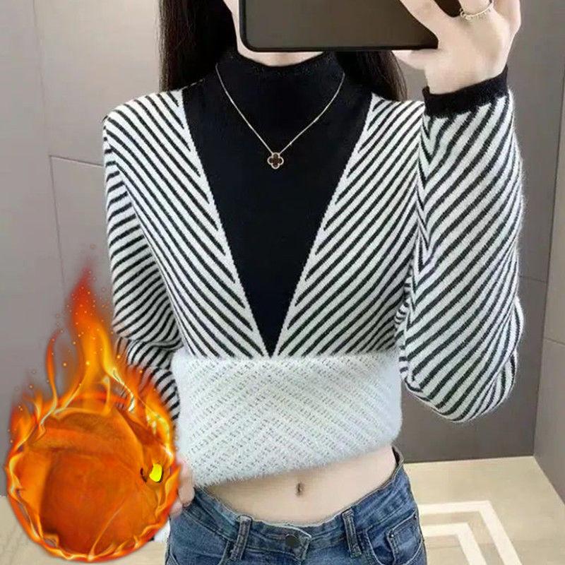 

Вельветовый интегрированный свитер-основа свитера для женщинУтолщенный и теплый внутренний слой с двумя поддельными элементамиПолувысокий ворот Slim Fit Трикотажный топ-свитер 3XL