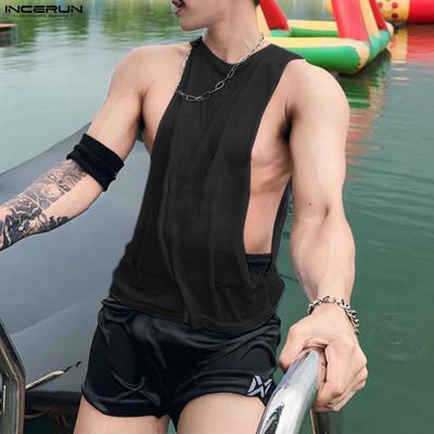 Men Summer Sleeveless Big Cuff Mesh Sheer See Through Loose Beach Tank Tops
