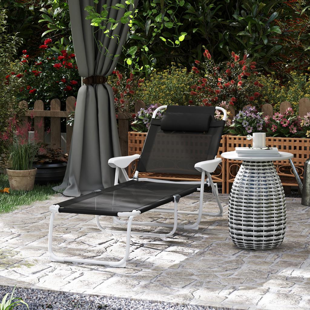 Foldable Sun Lounger Garden Lounger with Pillow, Lounge Chair with 4-Way Adjustable Backrest up to 120 kg Black