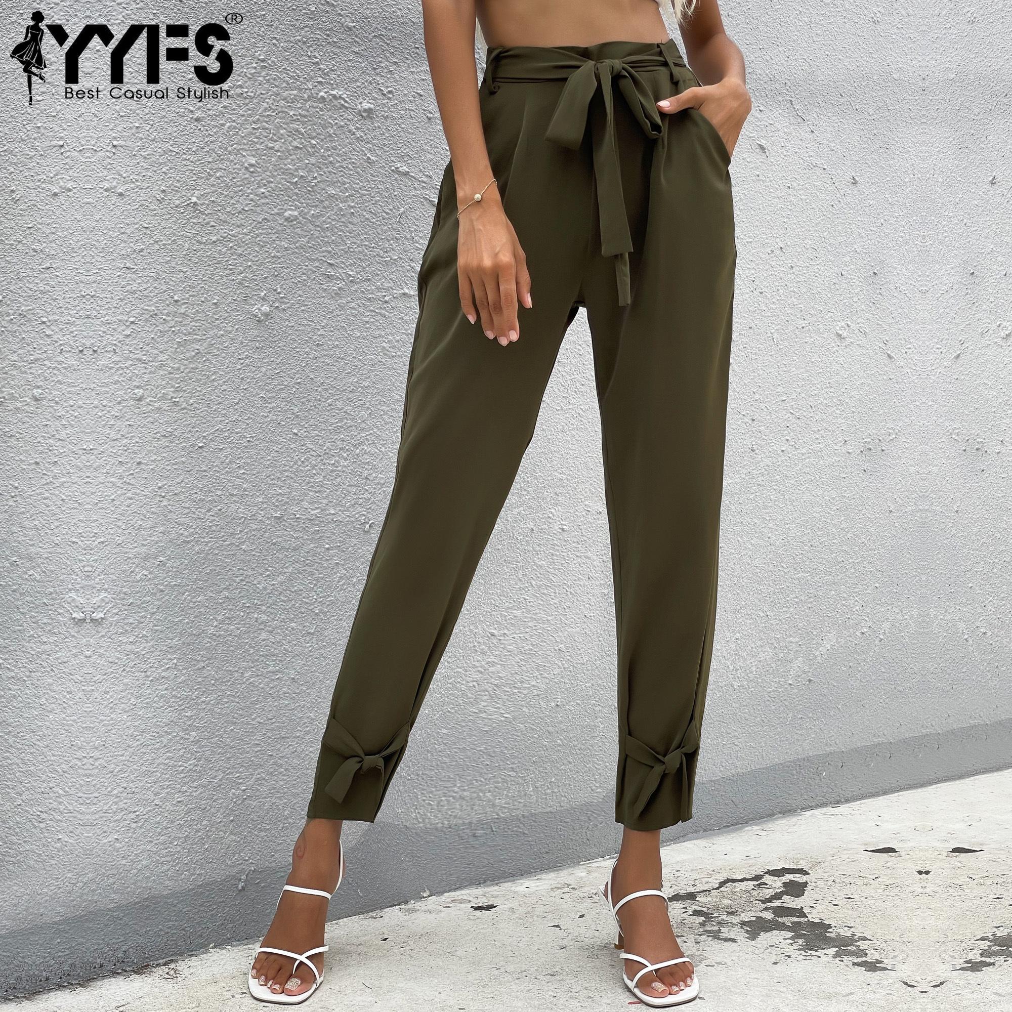 

YYFS женские модные повседневные однотонные брюки с высокой талией и капри с принтом