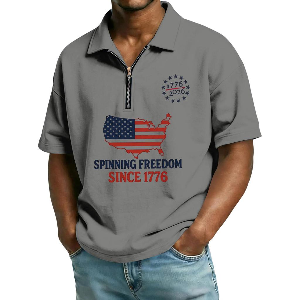 Men’s Short Sleeve Polo Shirt with USA Map and Flag Print Quarter Zip Collar Casual Loose Fit Top 1776 Design