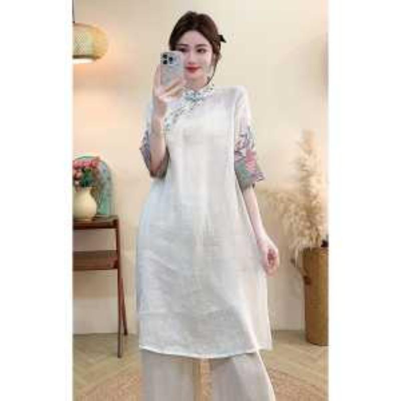 Women New Chinese Style Embroidered Linen Cheongsam Dress Vintage Qipao Midi Dress