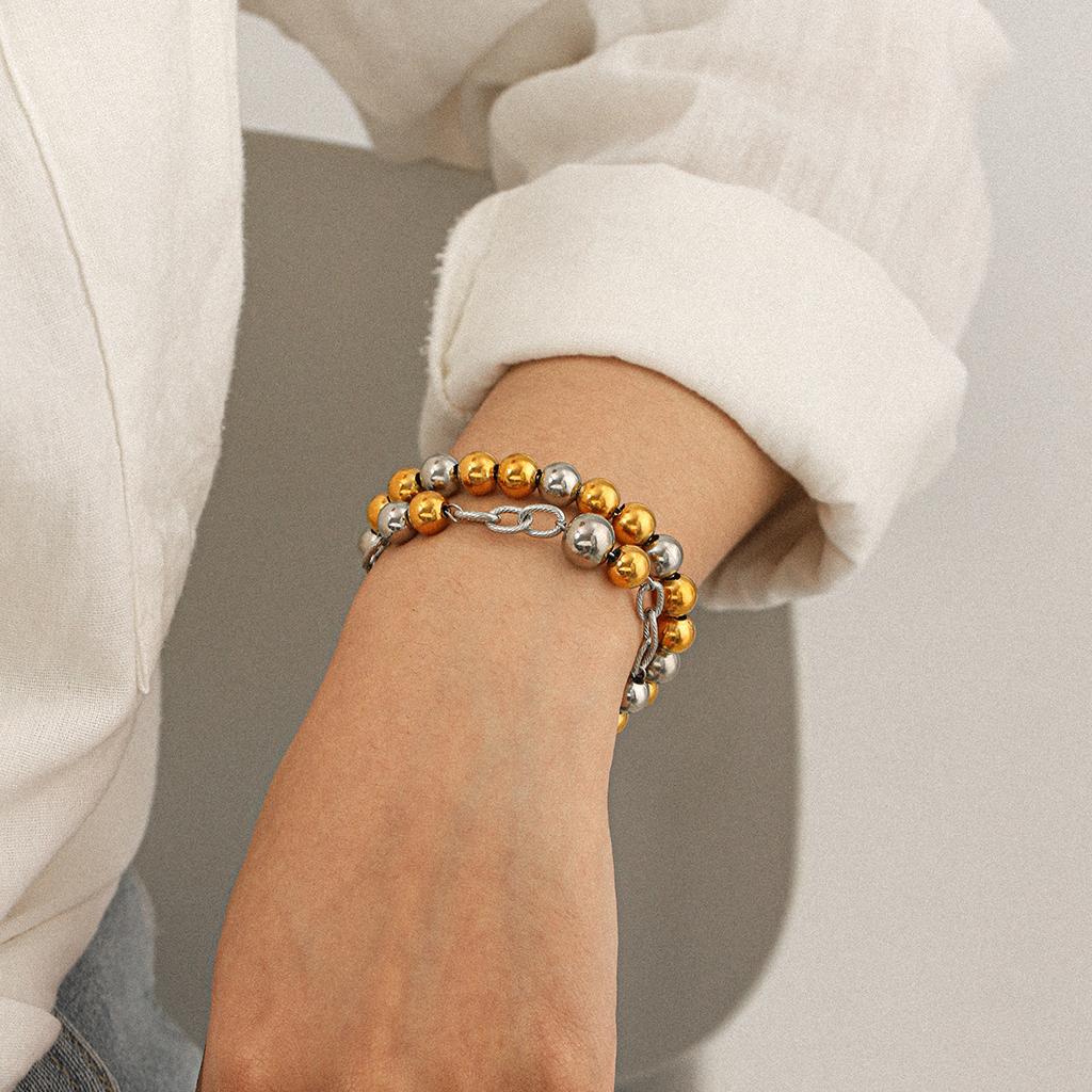 Gold and Silver Two-tone Stainless Steel Round Bead Bracelet for Women, Versatile Color-block Beaded Bangle