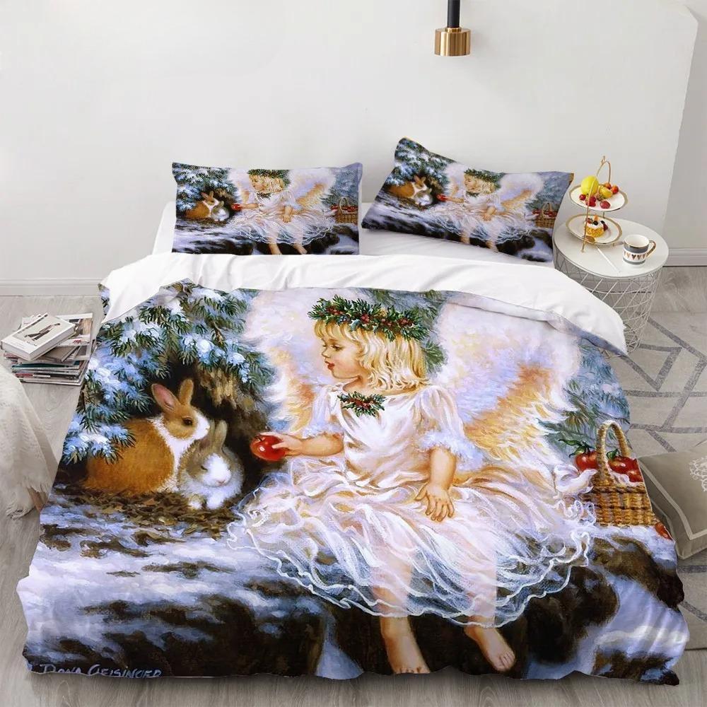 Angel Oil Painting Microfibre Bedding Sets, Children's Birthday Gift with Zip Room Decor for Teenagers Adulte 2-3 Pieces Duvet C
