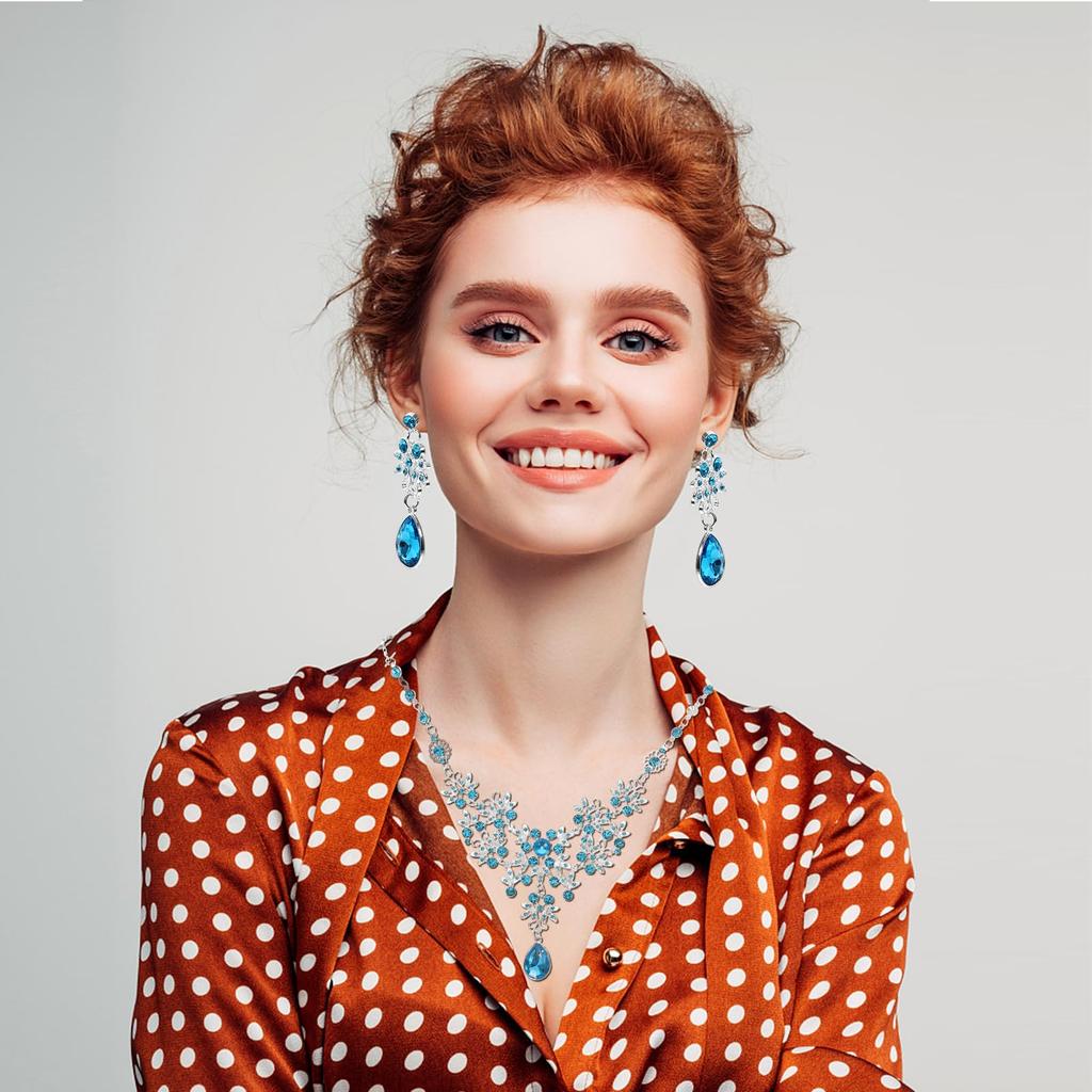 EXCEART Women's Blue Necklace and Earring Set, Lightweight, 2-Piece, 11.8x7.9 Inches, Elegant Ornament for Weddings, Bridal, and Parties