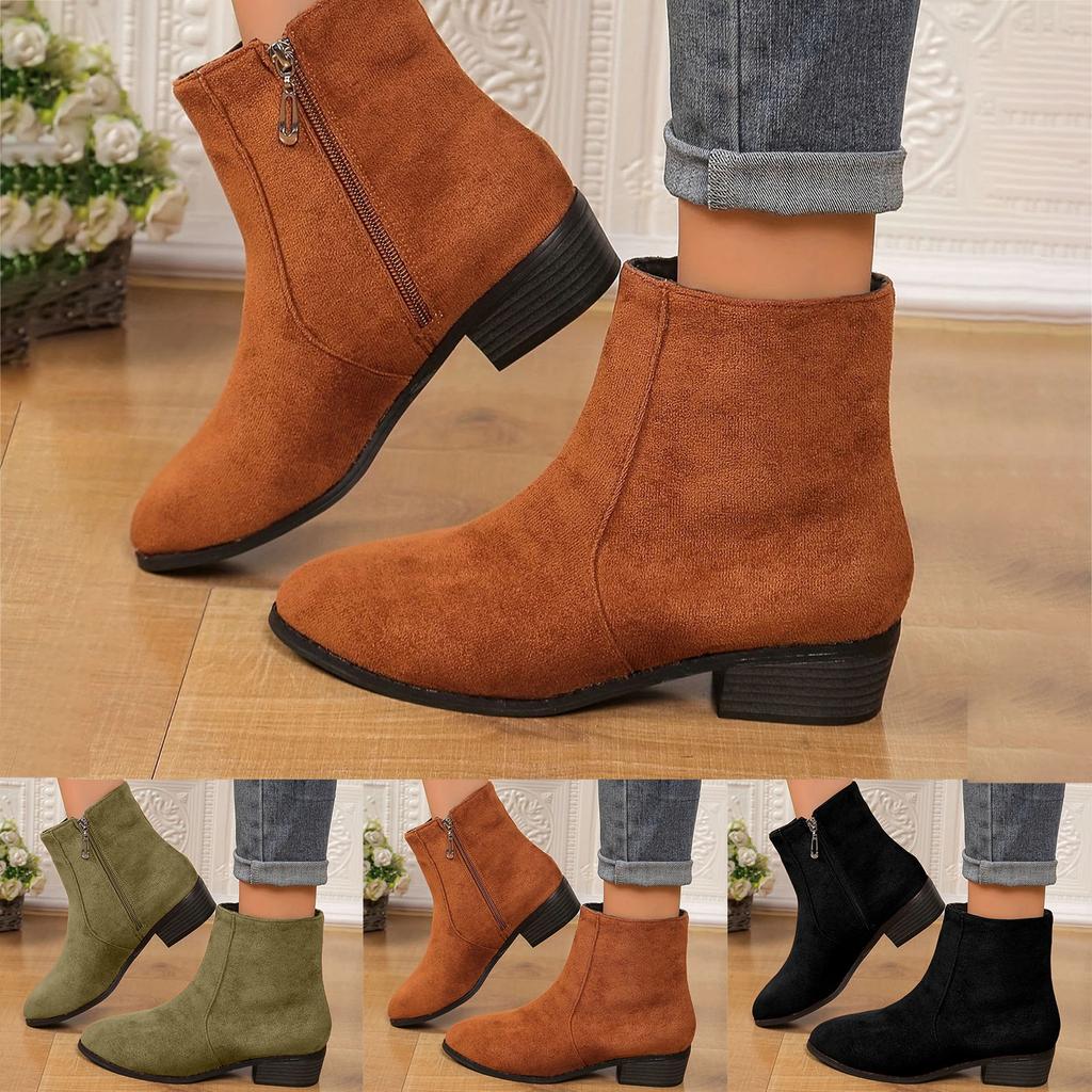 Women'S Boots Large Size Fashion Solid Color European And Pointed Side Zipper Thick Heel All Short Suede Boots For Women Trendy