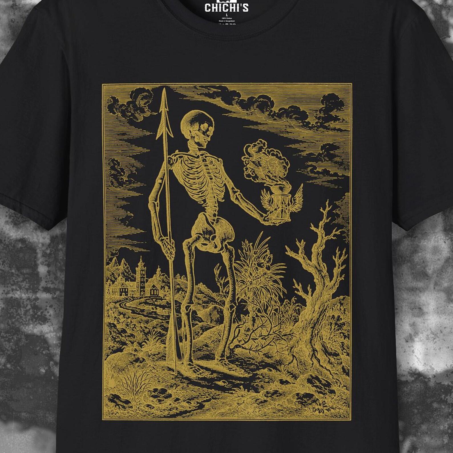 Memento Mori Skeleton Woodcut Shirt Dark Academia Gothic Occult Antique Art Graphic Tee S