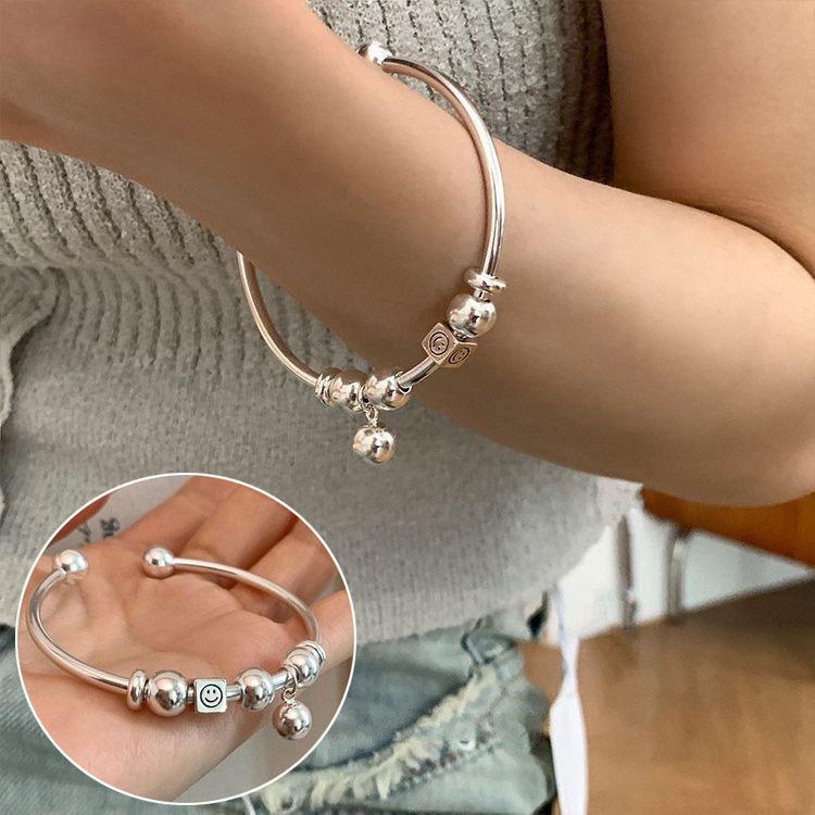 Korean Style S925 Silver Plated Retro Graffiti Patchwork Bangle - Women's Hip Hop Fashion Trend Bracelet