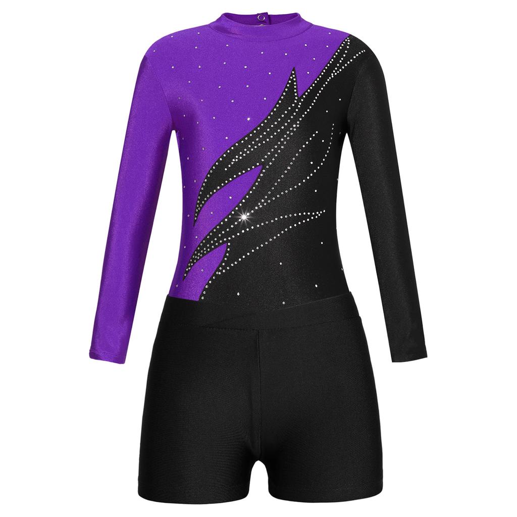 Kids Girls Stylish Clothing Set for Skating Training Wear Outfits Long Sleeve Contrast Color Leotards and Shorts