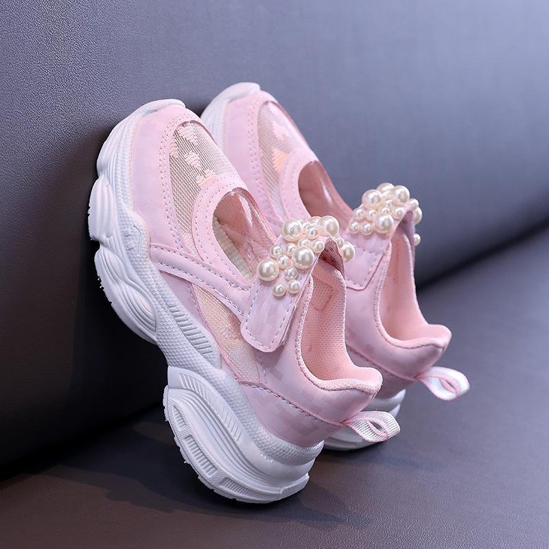 Einfarbige Netz-Schnür-Sneaker für Mädchen für den Sommer, Klettverschluss, einfarbige Laufschuhe für mittelgroße bis große Kinder
