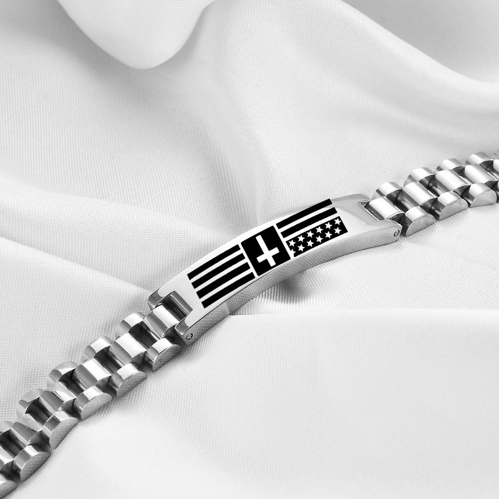 10MM Engraved Cross Bracelet, Men's Stainless Steel Scripture Curved Plate Bracelet