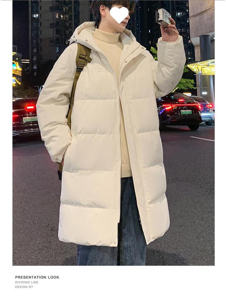 Men's Mid-Length Hooded Cotton-Padded Jacket, Thick Over-the-Knee Winter Coat, Youth Trendy Brand, 2024 New Style.