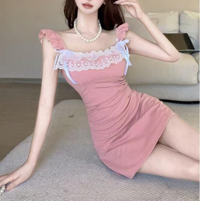 Dress bow summer new lace splicing short skirt French slim waist short skirt pure desire sweet