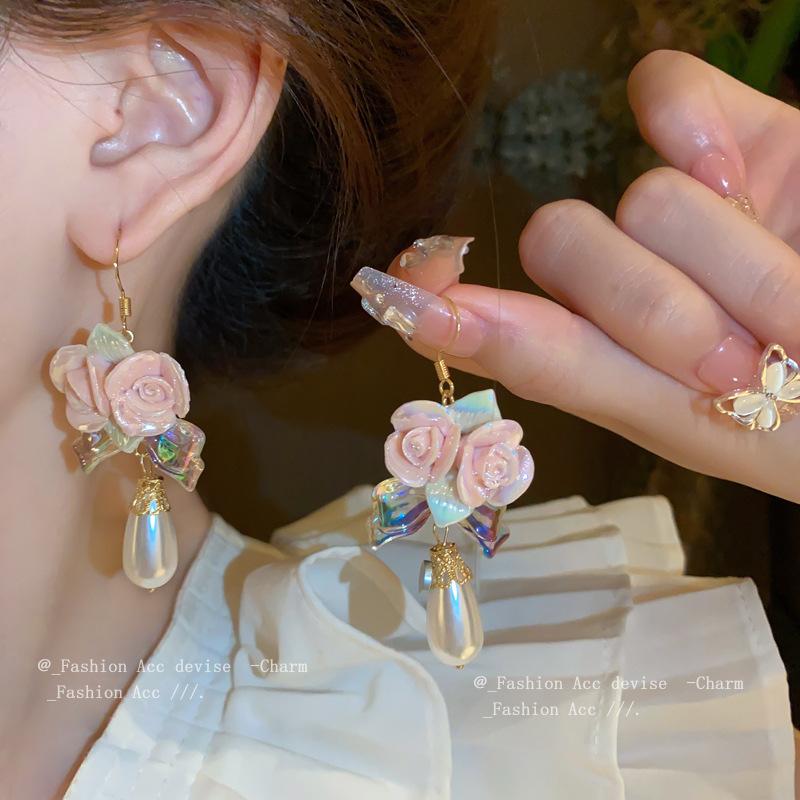 Ceramic Flower Water Drop Pearl Ear Hook Sweet and Fresh Temperament Earrings Earrings Literary Lady Fan Earrings Women