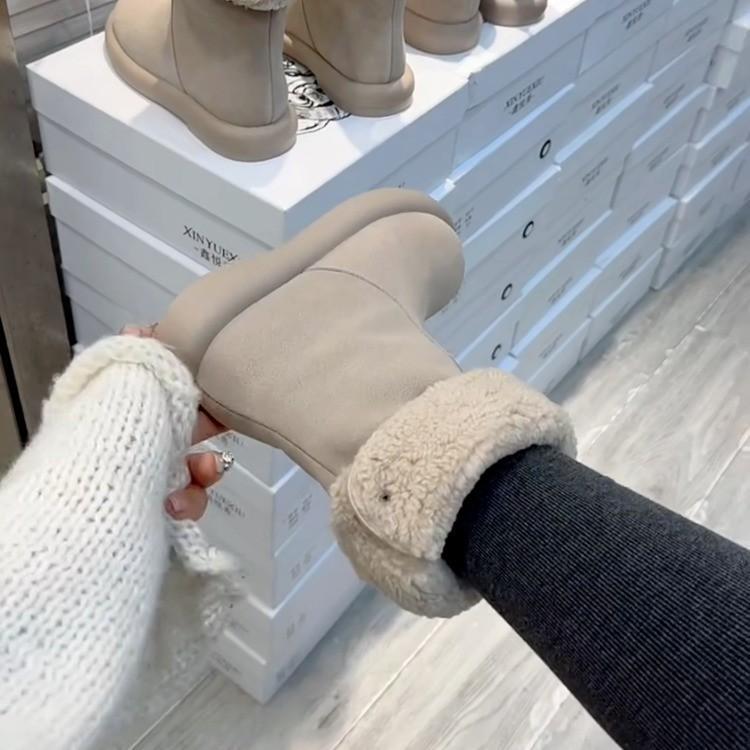 Pure Leather Velvet Martin Boots Female Flat Bottom Internet Celebrity Two Wear Milk Tea Color Short Boots Snow Boots