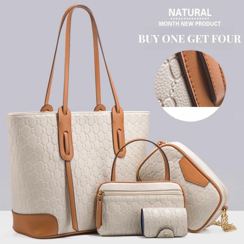 New Embossed Large Tote Bag High Quality PU Ladies Handbag Trendy Single Shoulder Oblique Span Bag Large Capacity Women's 4 Pcs Set Mother-child Bag