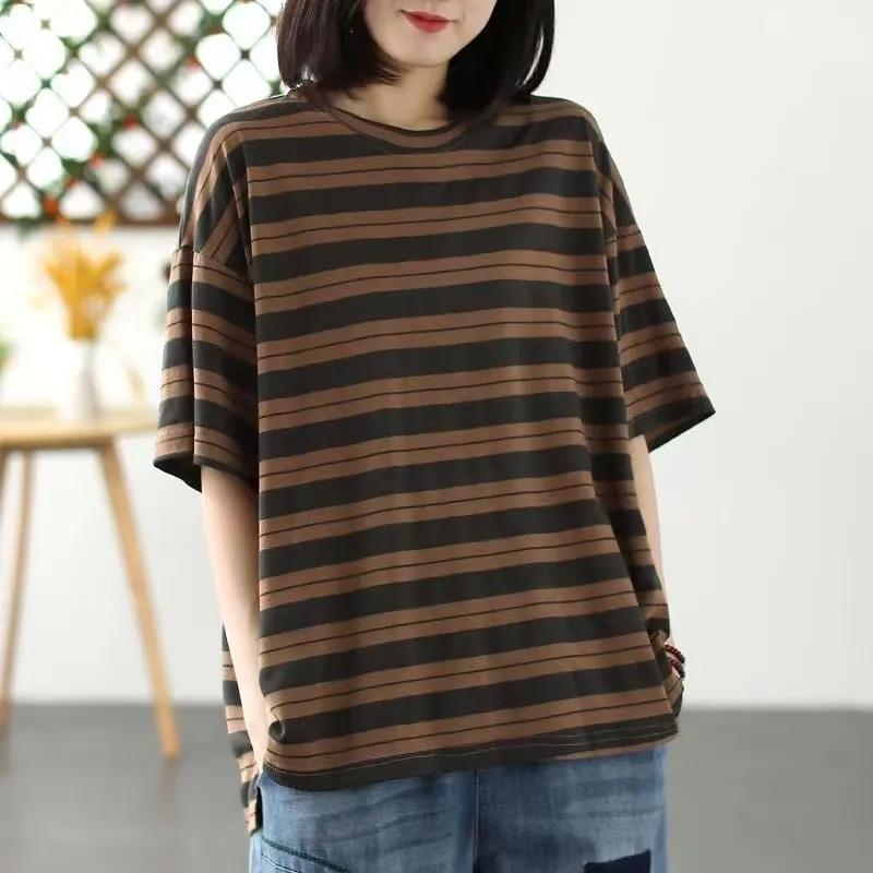 T-shirt for Women Summer Large Size Cotton T-shirt Soft Loose Striped Casual Pullover T-shirt Top