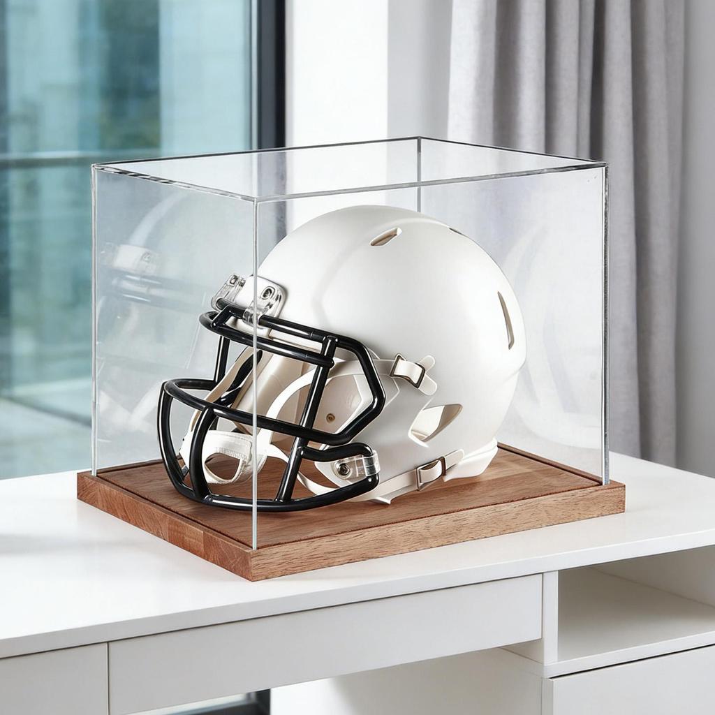 Full Size Helmet Display Case Clear Box with Wooden Stand Full Size Football Helmet Display Case for Sports Collectibles