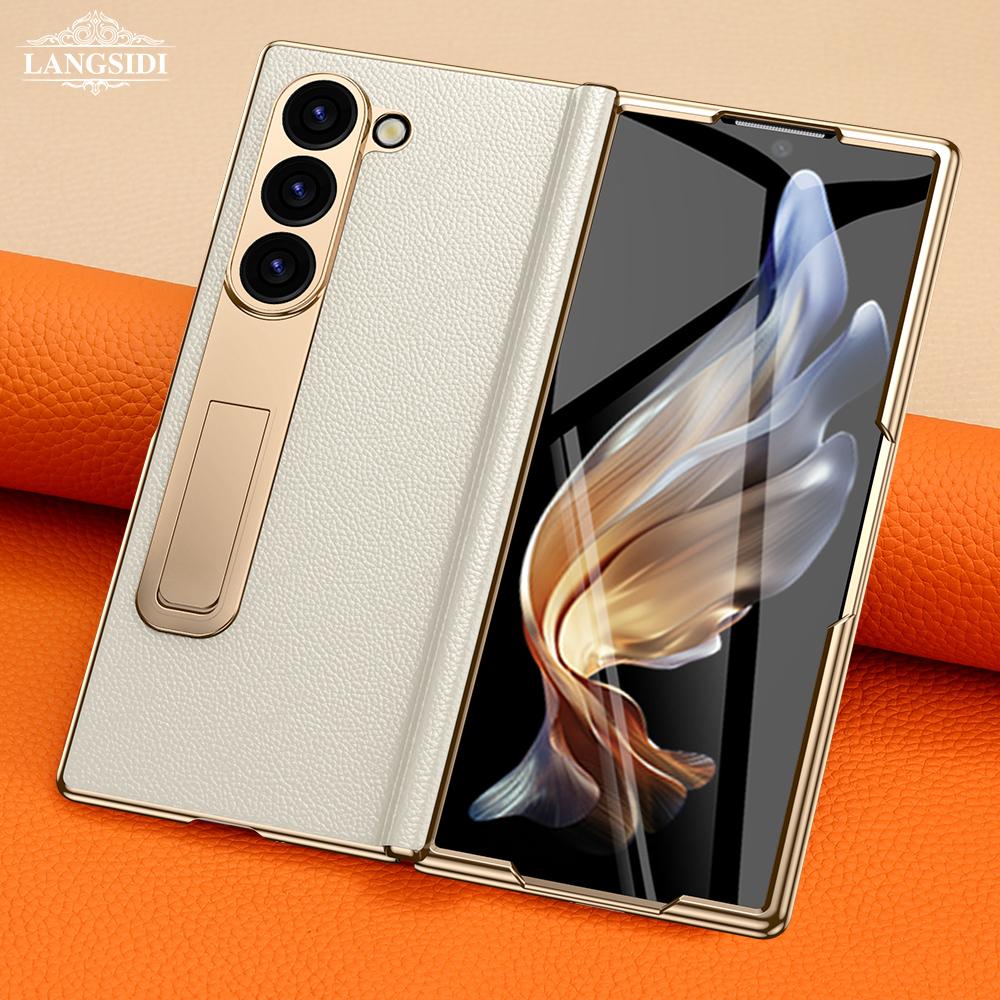 Husă de telefon din piele pentru Samsung Galaxy Z Fold 6 5 4 3 Fold6 Fold5 placată cu aur, cu balamale magnetice și suport pentru spate cu film oglindă