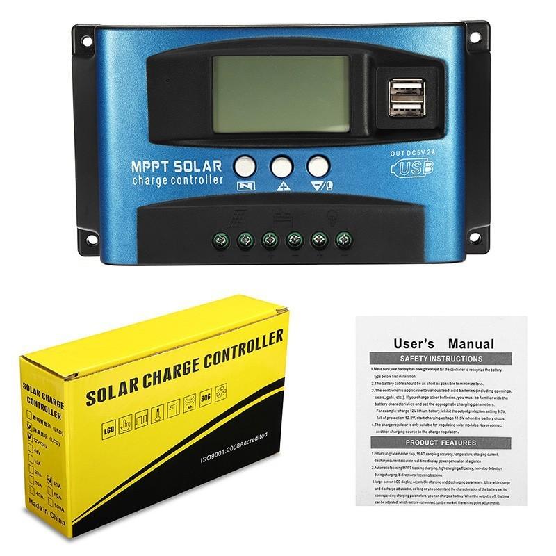 MPPT Solar Charge Controller 30A 40A 50A 60A 100A 12V 24V Auto Dual USB Load Discharger Solar Panel Regulator LCD Display