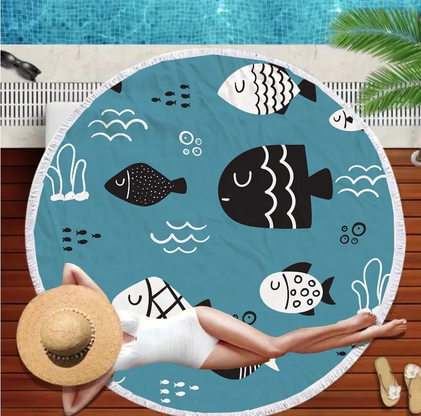 Serviette de Plage Ronde Mandala Marin Monde Sous-Marin Épaisses Serviettes de Douche Bain Microfibre Été Bouée de Natation Tapis de Yoga 3D Avec Pompons