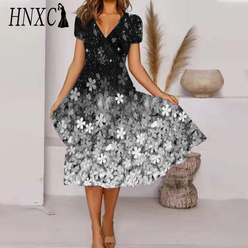 HNXC Übergröße V-Ausschnitt Midi-Kleid Kurzarm Hoher Saum Lässig Bunt Blumendruck Kleid