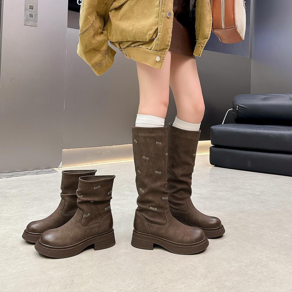 Cowhide new letter leather boots women's cigarette boots foreign style thin short boots women's small thick-soled Martin boots