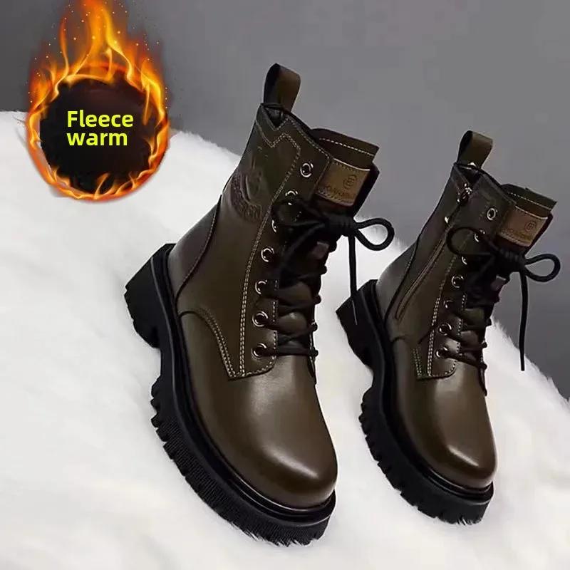 Fashion Soft Leather Motorcycle Boots Women's Autumn Winter New Style British Style Thick Bottom Low Heel Versatile Retro Short Boots