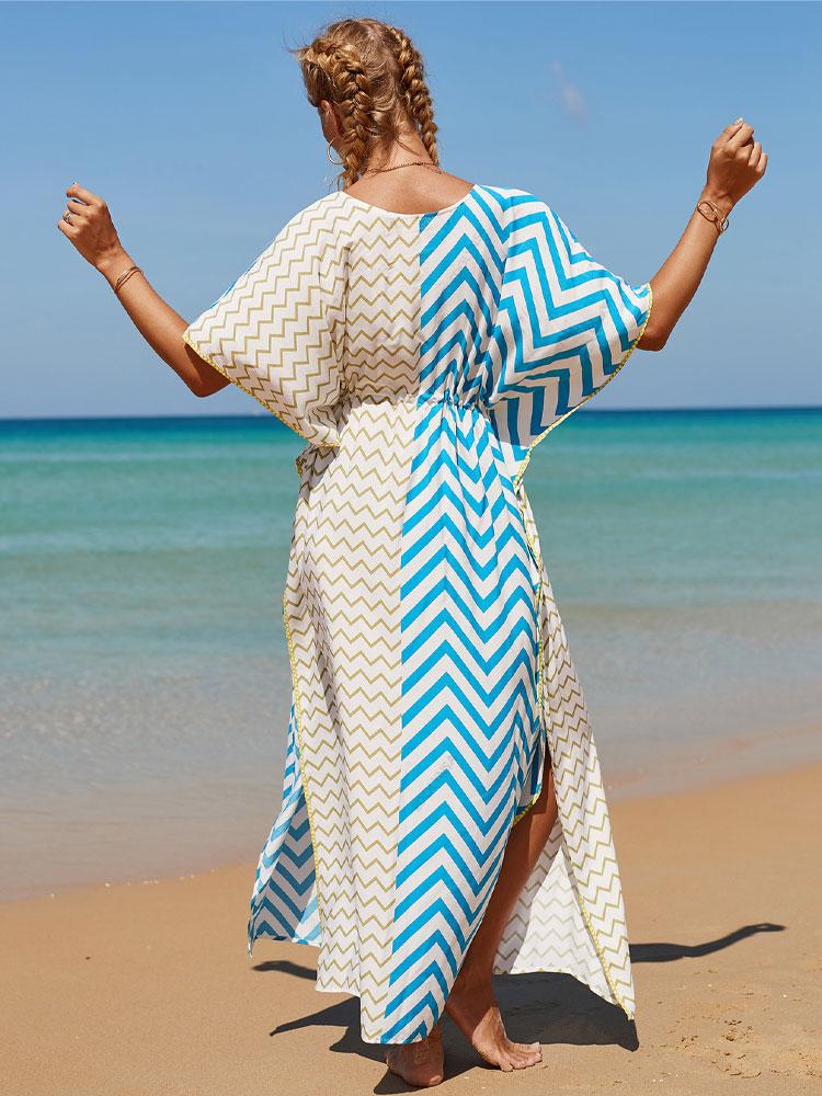 EDOLYNSA Bohemian Gestreiftes Patchwork Sexy V-Ausschnitt Selbstgürtel Hohe Taille Lockeres Kleid Baumwolltunika Damen Übergröße Maxikleider