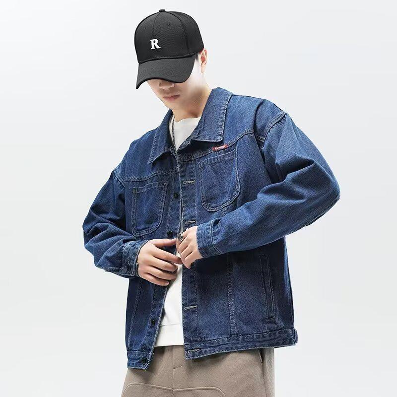Men's Japanese Retro Denim Jacket - Turn-Down Collar, Loose Fit, American Street Style, Spring/Autumn Casual Workwear