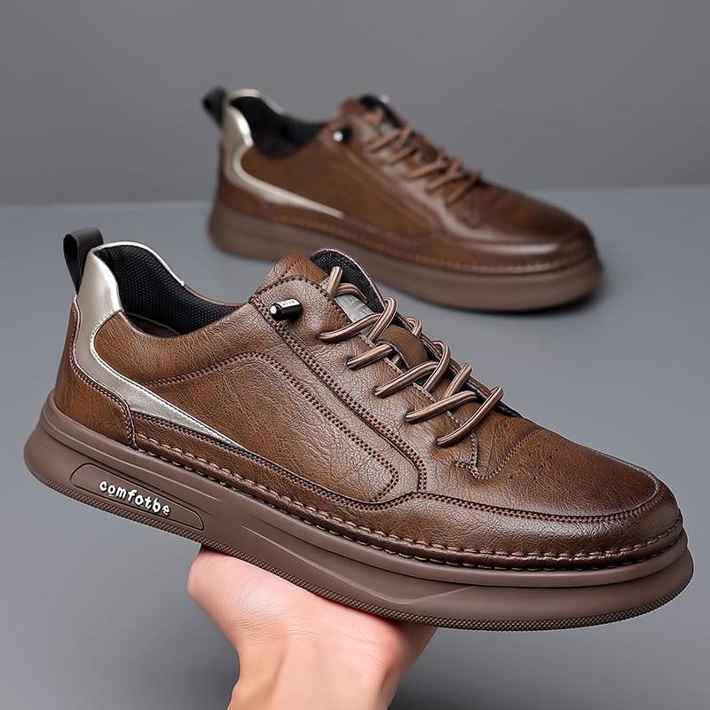 New Men's Casual Leather Shoes Versatile Sports Trendy Shoes Men's Platform White Shoes High-end Leather Board Shoes