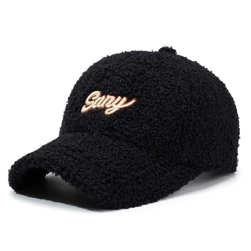 

Plush Baseball Cap With Embroidered Letters For Winter Sports And Casual Wear Black