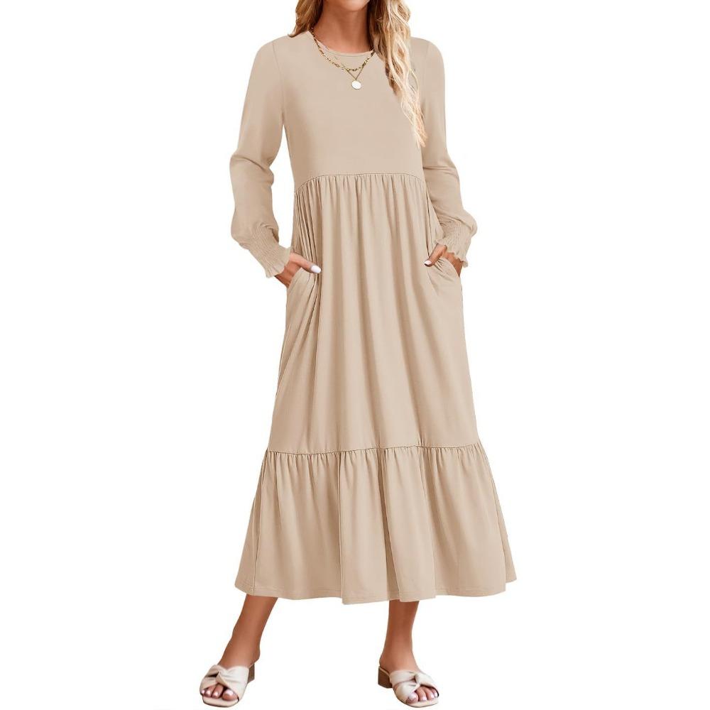 Long-sleeved Smocked Fashionable Casual Dress with Full Skirt