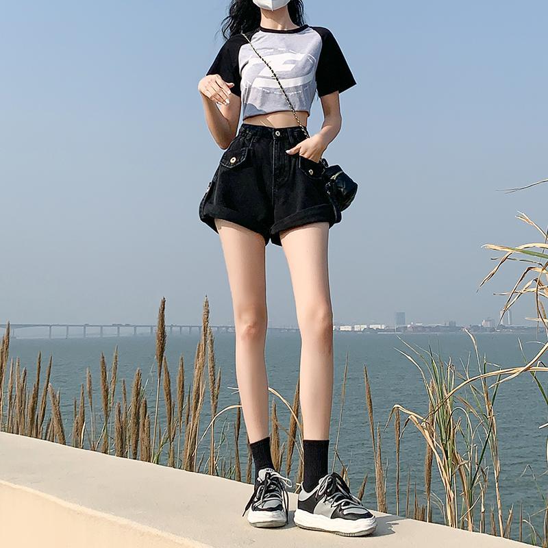Pantaloncini Denim Neri e Grigi da Donna Nuovi Estivi Sottili a Vita Alta Ampi Slimming Gamba Larga Hot Pants