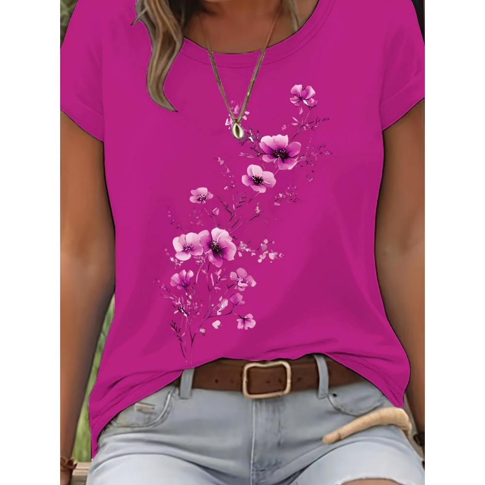 Elegant Floral Branch Print Casual Women's T-Shirt Crew Neck Short Sleeve Tee for Women Summer Holiday Daily Fashion Streetwear