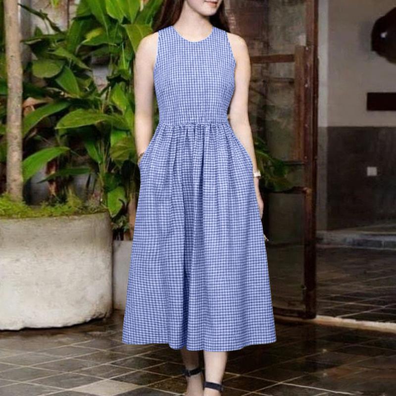ZANZEA Women Casual Round Neck Plaid Print Loose Summer Sleeveless Dress S синий
