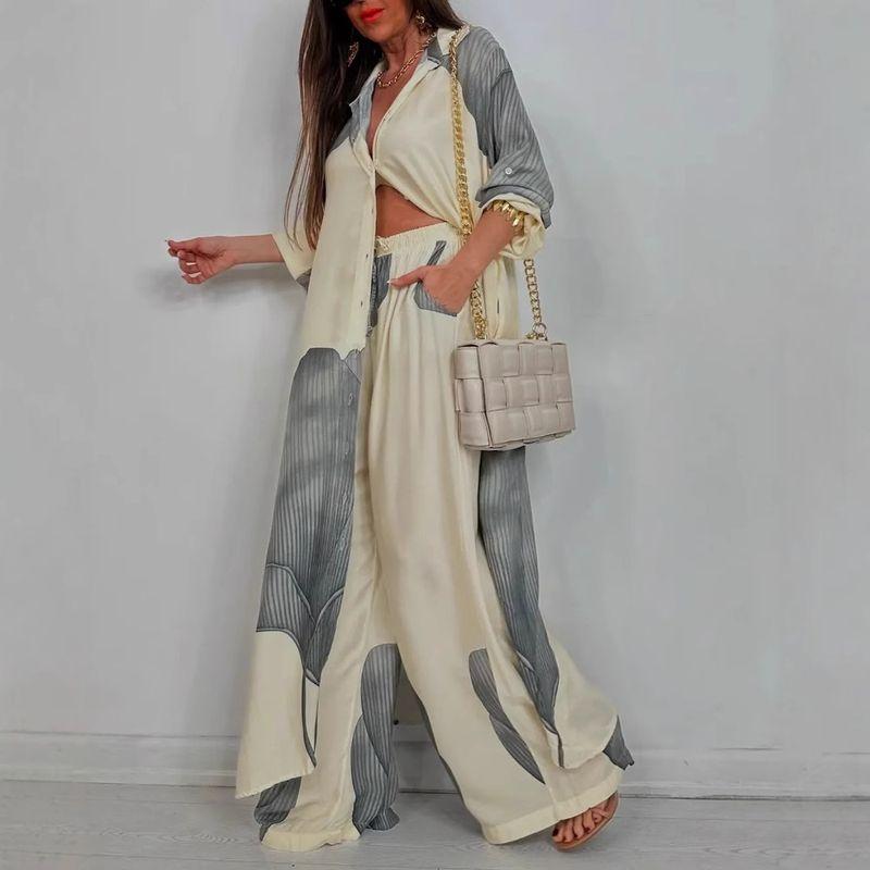 European and American Women clothes Fashion Casual Color Matching Loose Shirts Top Trousers Two-piece Set Two Piece Set